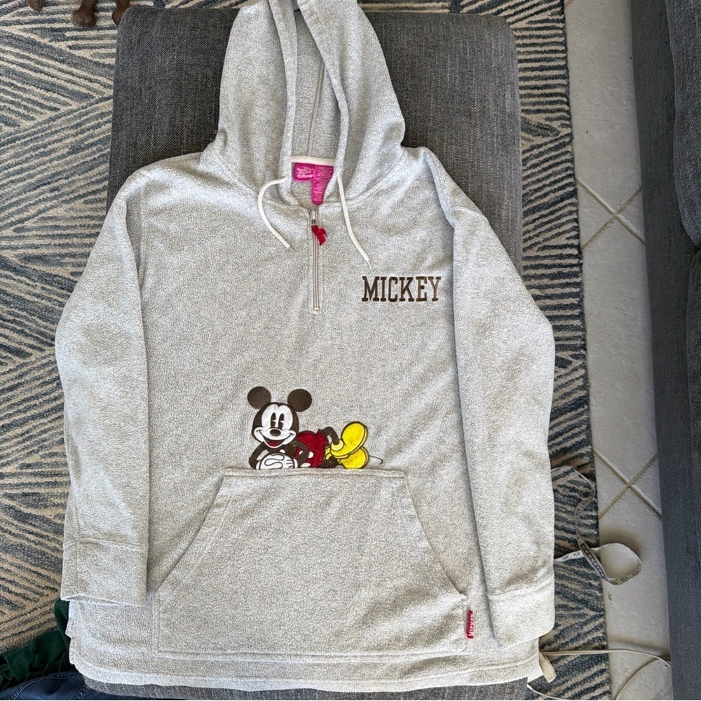 Disney Hoodie 22/24W Gray Mickey Mouse Fleece Quarter Zip Pullover Disneycore